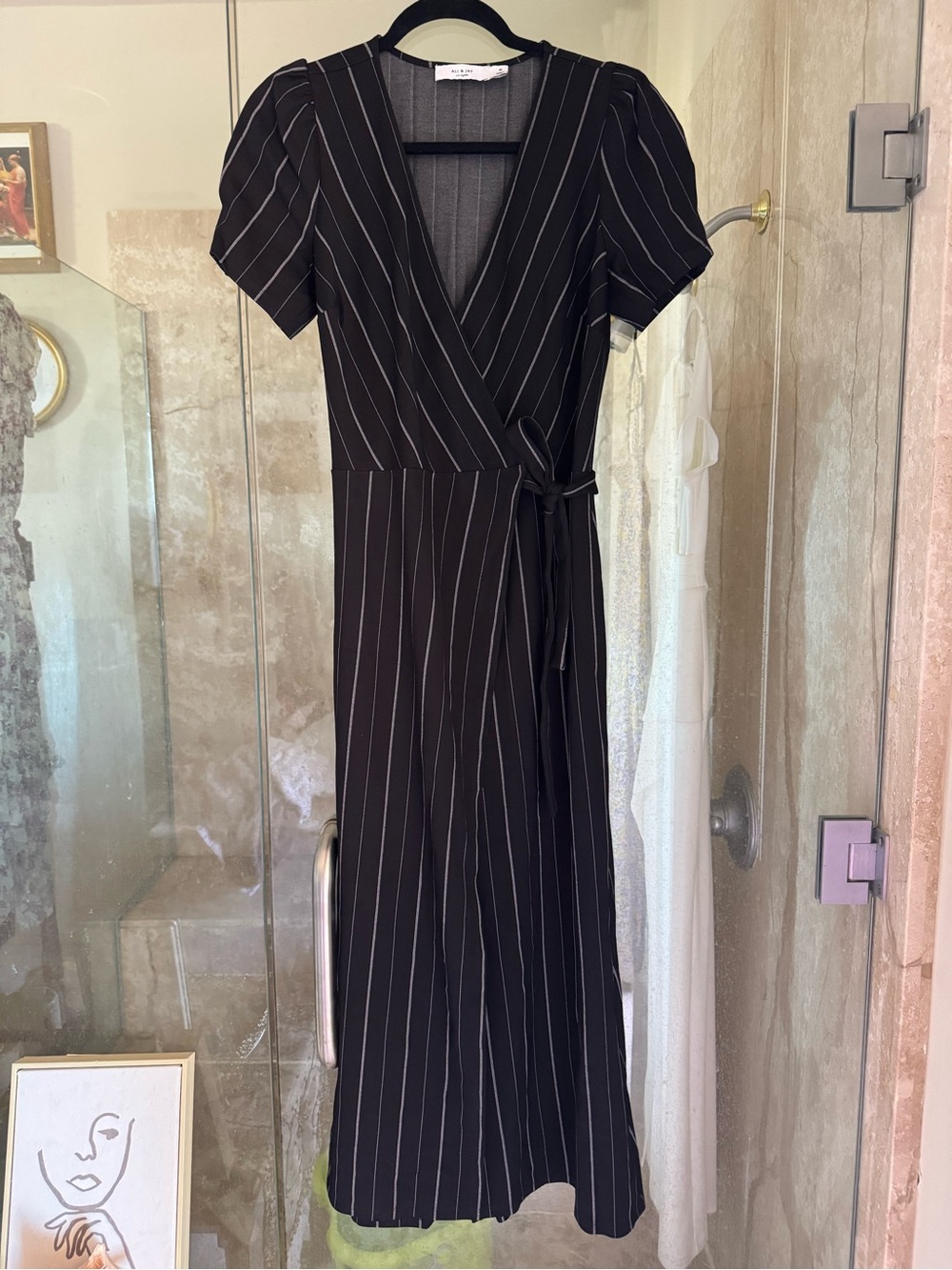 ALI & JAY Black Pinstripe Wrap Midi Dress